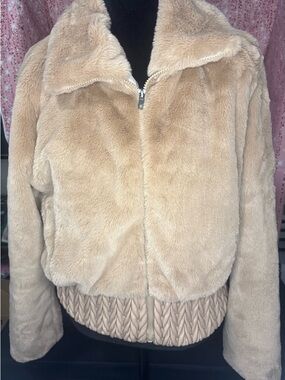 Plush Faux Fur Bomber Jacket in Beige